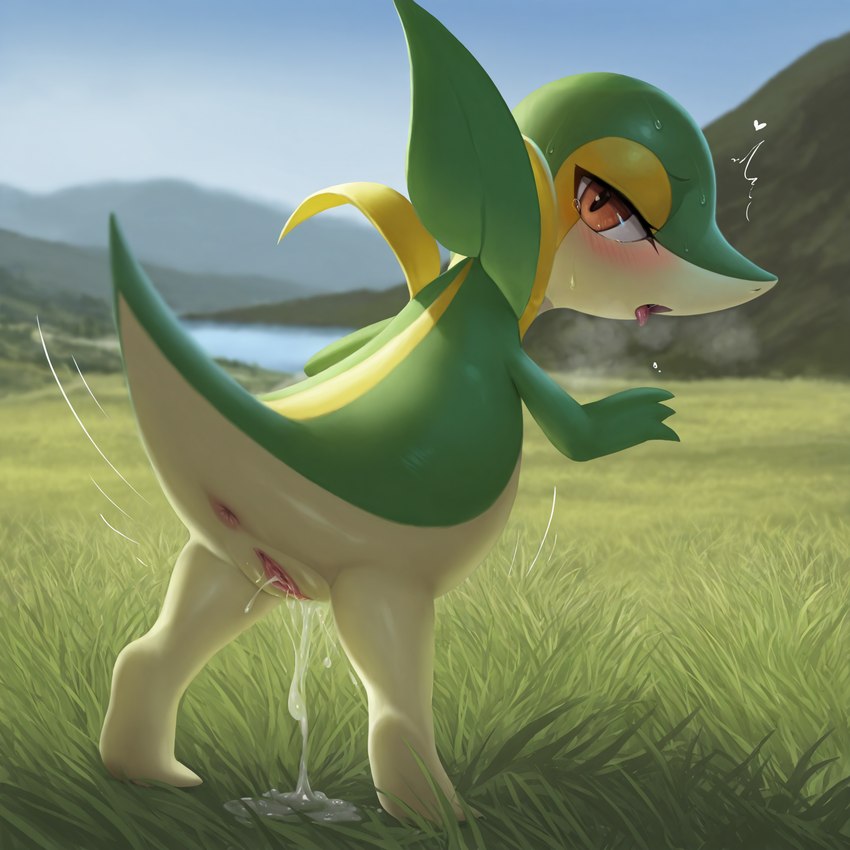 anthro anus bent_over blush bodily_fluids female genital_fluids genitals grass heart_symbol lake living_tail mountains open_mouth plant pussy pussy_juice snake_tail solo tail_motion tailwag tongue tongue_out unusual_anatomy unusual_tail matt3985_(director) phazon generation_5_pokemon pokemon_(species) reptile scalie snake snivy hi_res