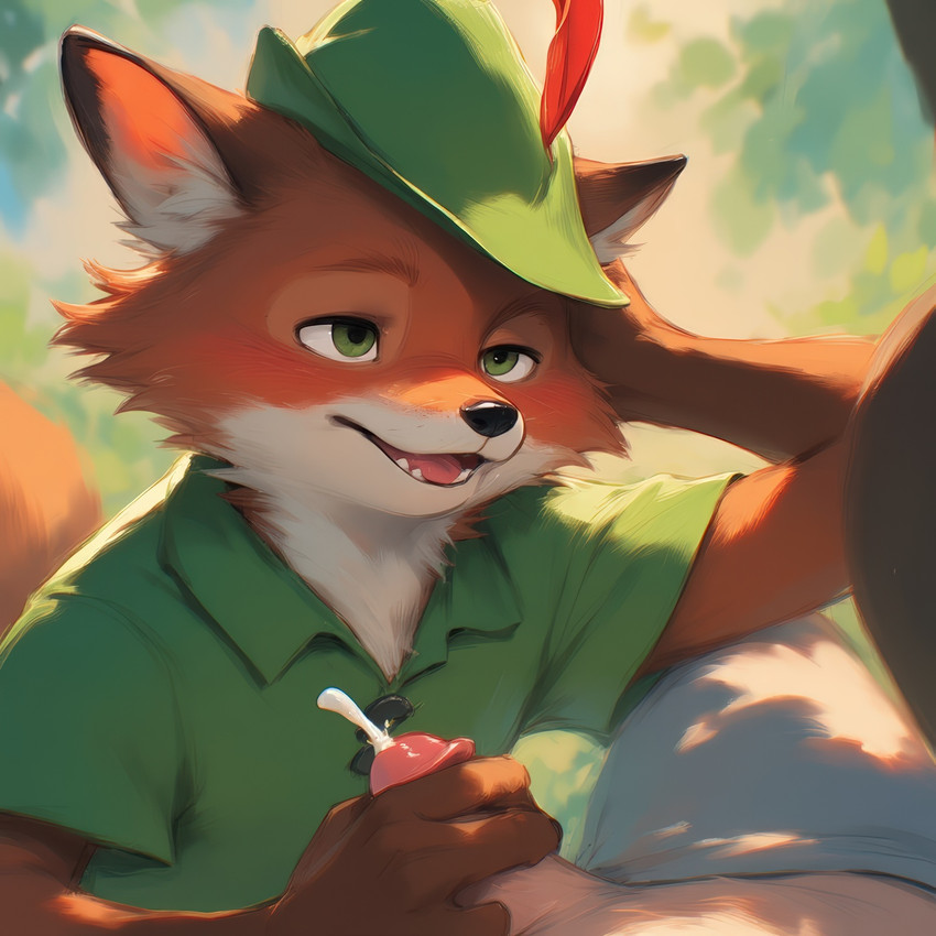 anthro bedroom_eyes blush bodily_fluids bottomwear clothed clothing cum cumshot duo ears_up ejaculation erection first_person_view forest fur genital_fluids genitals green_eyes handjob hat headgear headwear human_on_anthro humanoid_genitalia humanoid_penis inner_ear_fluff interspecies male male/male narrowed_eyes open_mouth orange_body orange_fur outside partially_clothed paws penile penis plant seductive sex small_penis smile teeth tongue topwear tree tuft white_body white_fur extravirginweaseloil robin_hood_(disney) robin_hood canid canine canis fox human humanoid mammal red_fox hi_res