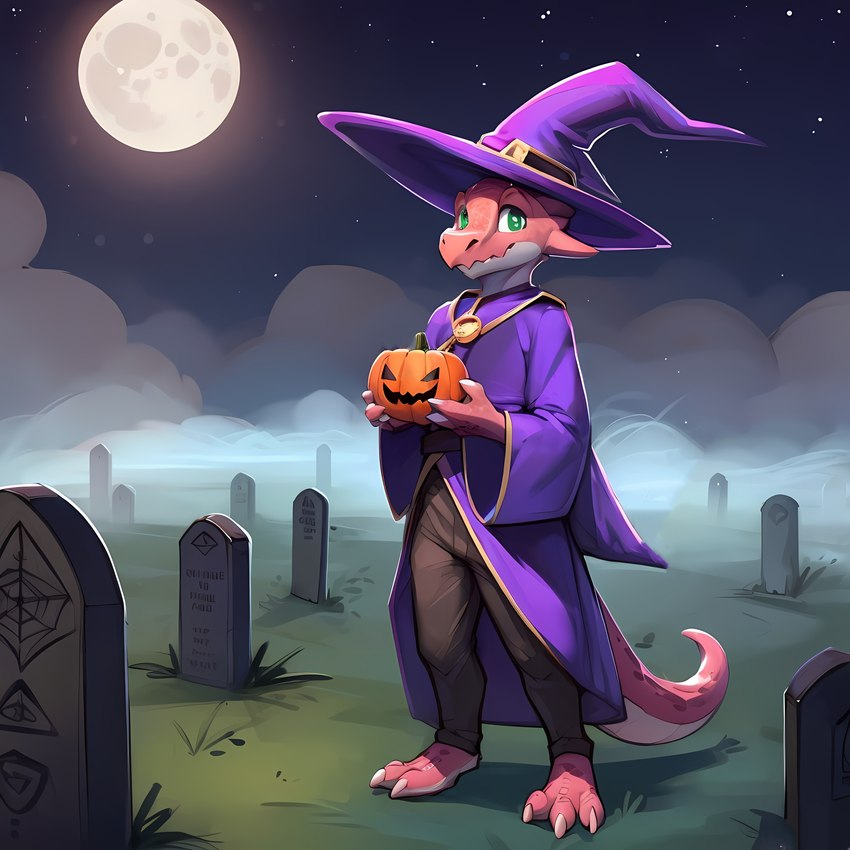 ambiguous_gender anthro cemetery clothing fog foggy food fruit green_eyes halloween hat headgear headwear holding_object jack-o'-lantern light looking_at_viewer magic_user moon moonlight outside plant pumpkin red_body red_scales scales sky smile solo standing star starry_sky tombstone wizard_hat clawsome dragon kobold absurd_res hi_res