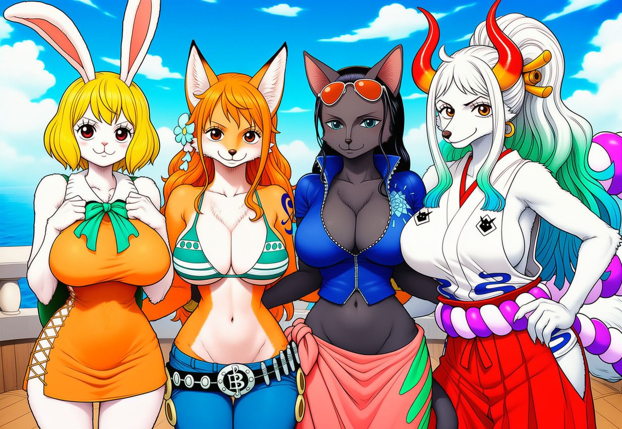 2_horns 5_fingers accessory anthro asian_clothing belt big_breasts bikini bikini_top black_body black_fur black_hair black_nose blonde_hair blue_bottomwear blue_clothing blue_eyes blue_pants bottomwear bow_(feature) breasts chest_tuft cleavage clothed clothed_female clothing cloud curvy_figure day denim denim_bottomwear denim_clothing dress ear_piercing east_asian_clothing eyelashes eyewear eyewear_on_head female female_anthro fingers flower flower_accessory flower_in_hair fully_clothed fur green_clothing green_hair green_swimwear grey_body grey_fur group hair hair_accessory hand_on_hip horn huge_breasts inner_ear_fluff jacket japanese_clothing jeans jewelry long_hair looking_at_viewer markings midriff multicolored_body multicolored_fur multicolored_hair navel orange_body orange_clothing orange_eyes orange_fur orange_hair outside pants piercing pink_clothing pink_nose plant ponytail red_clothing red_eyes red_horn ring_(jewelry) sea short_hair skirt sky smile sunglasses sunglasses_on_head swimwear tattoo thick_thighs topwear tuft two-piece_swimsuit vehicle water watercraft white_body white_breasts white_clothing white_fur white_hair wide_hips yellow_eyes gridanon one_piece carrot_(one_piece) nami_(one_piece) nico_robin yamato_(one_piece) canid canine canis domestic_cat felid feline felis fox lagomorph leporid mammal minkmen_(one_piece) rabbit wolf yokai digital_media_(artwork) hi_res novelai