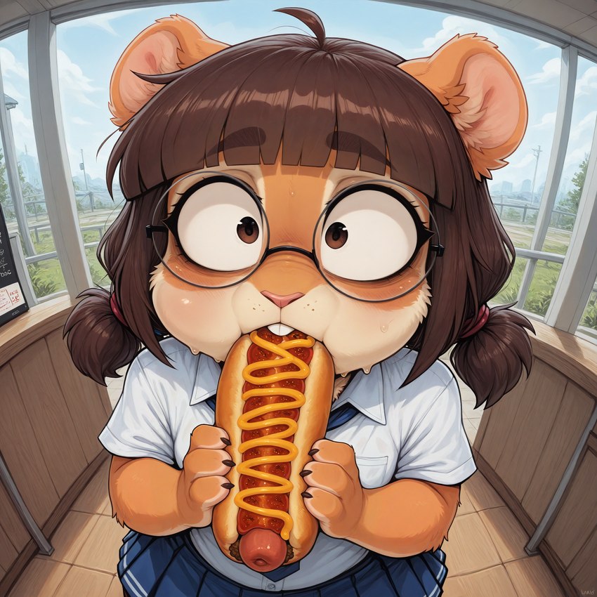 anthro bottomwear brown_body brown_eyes brown_fur clothing ears_up eating eyewear female food fur glasses necktie open_mouth school_uniform skirt solo teeth uniform window anonymous_director mammal mouse murid murine rodent hi_res