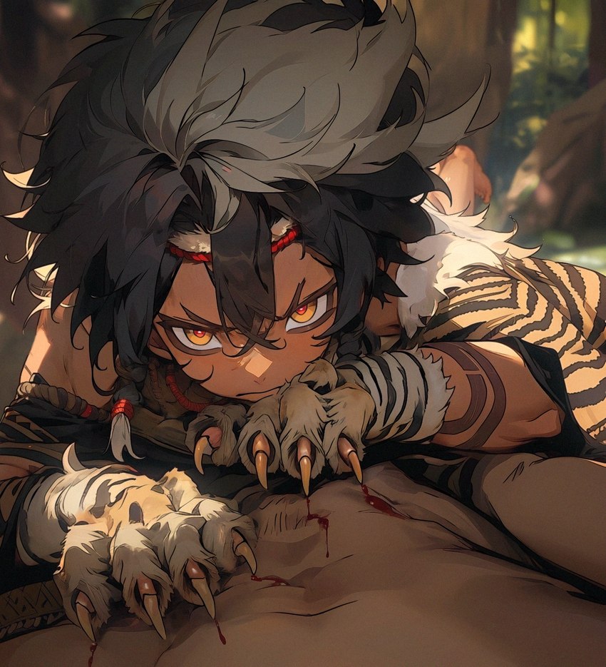 black_hair blood bodily_fluids claw_gloves claw_marks clawing claws clothing duo first_person_view gloves hair handwear male male/male male_pov not_furry paw_gloves scratch scratches scratching tribal nekomatasaren human mammal hi_res