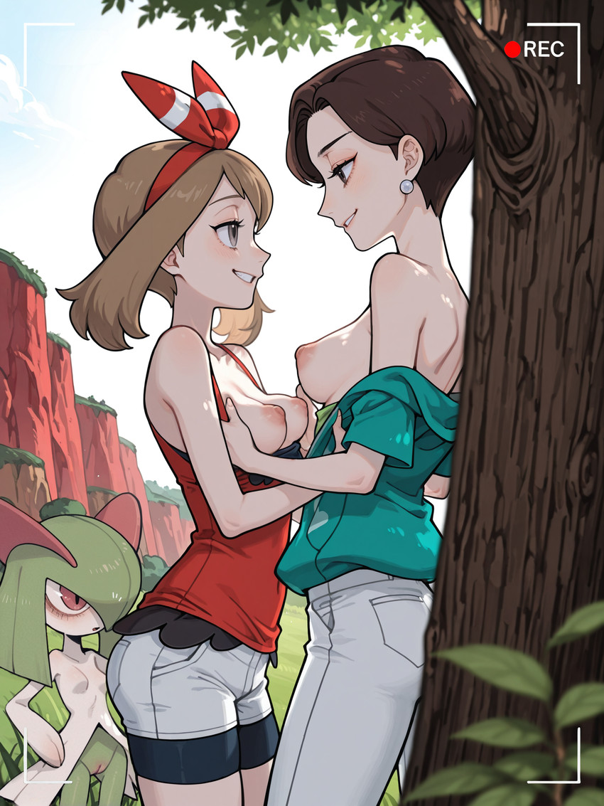 accessory against_natural_surface against_surface against_tree age_difference areola being_watched blue_eyes blush bodily_fluids bottomwear breast_grab breast_size_difference breasts brown_eyes brown_hair clothed clothing duo_focus ear_piercing ear_ring exposed_breasts eye_contact eyebrows eyelashes female female/female fingers gabby_(pokemon) green_hair group hair hand_on_breast human_on_humanoid interspecies looking_at_another looking_at_partner medium_breasts narrowed_eyes nipples nude open_clothing open_topwear outside pants piercing pink_areola pink_nipples plant pokephilia recording red_eyes ring_piercing shirt short_hair shorts size_difference small_breasts smaller_female smile standing topless topwear tree trio undressing voyeurism white_body white_bottomwear white_clothing unknown_director nintendo pokemon may_(pokémon) generation_3_pokemon human humanoid kirlia mammal pokemon_(species) hi_res
