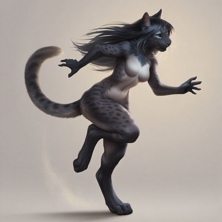 4_toes 5_fingers ai_tagging_(redrocket) anthro black_body black_fur black_hair blue_eyes breasts claws dancing digitigrade featureless_breasts feet female fingers fur grey_body grey_fur hair long_hair markings navel nude simple_background smile solo spots spotted_body spotted_fur tail tasteful_nudity toes tuft whiskers director_crashbandit felid feline mammal pantherine digital_media_(artwork) novelai