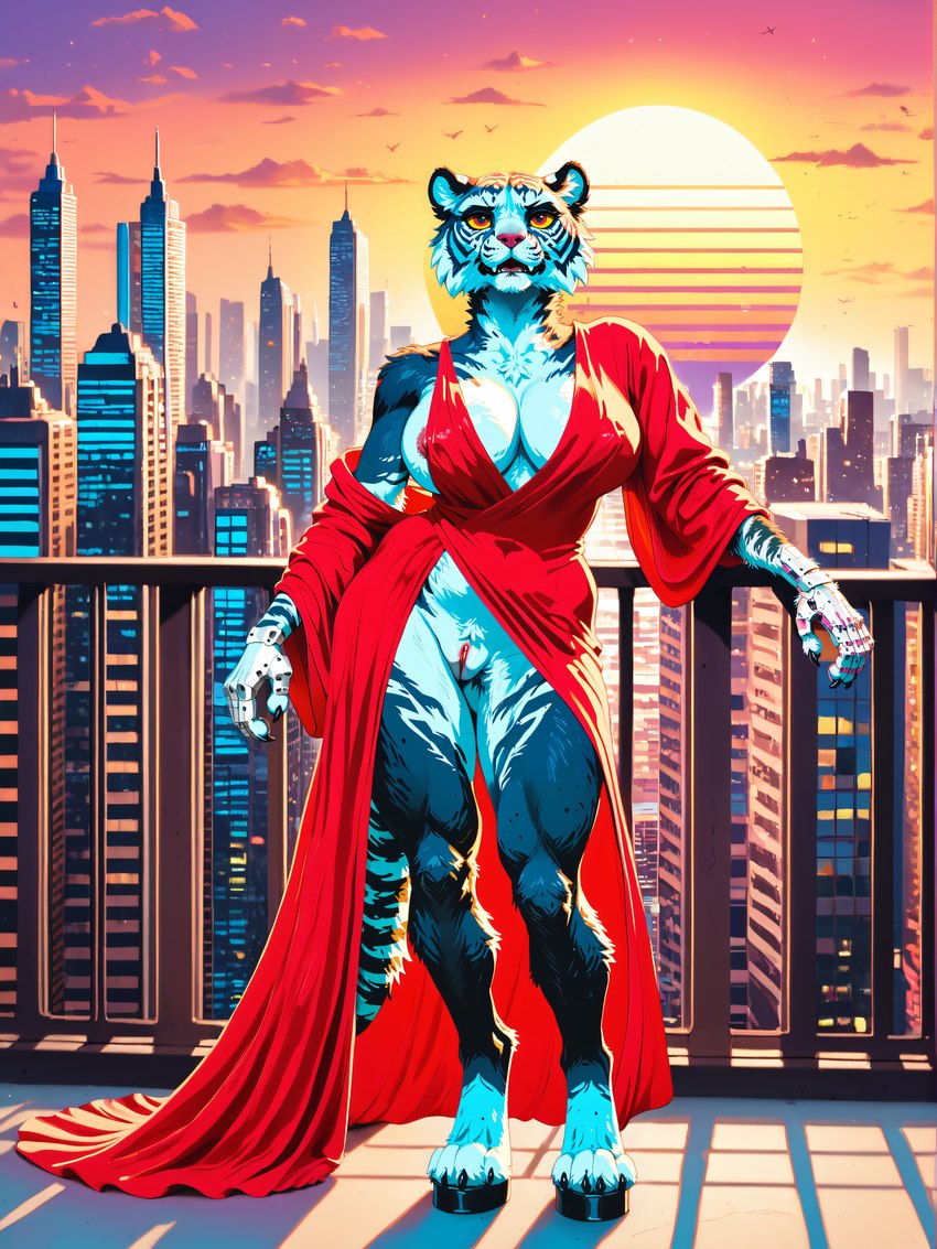 amazing_background anthro balcony big_breasts bottomless bottomless_female breasts bright_colors city city_background cleavage clothed clothing clothing_aside cloud detailed_background dress dress_aside female footwear fur genitals high_heels looking_at_viewer nipple_slip open_mouth pink_sky prosthetic prosthetic_arm prosthetic_limb pussy red_clothing red_dress red_eyes robotic_arms skyscraper solo standing stripes sunset synthwave vaporwave white_body white_fur anonymous_director felid mammal pantherine tiger absurd_res hi_res