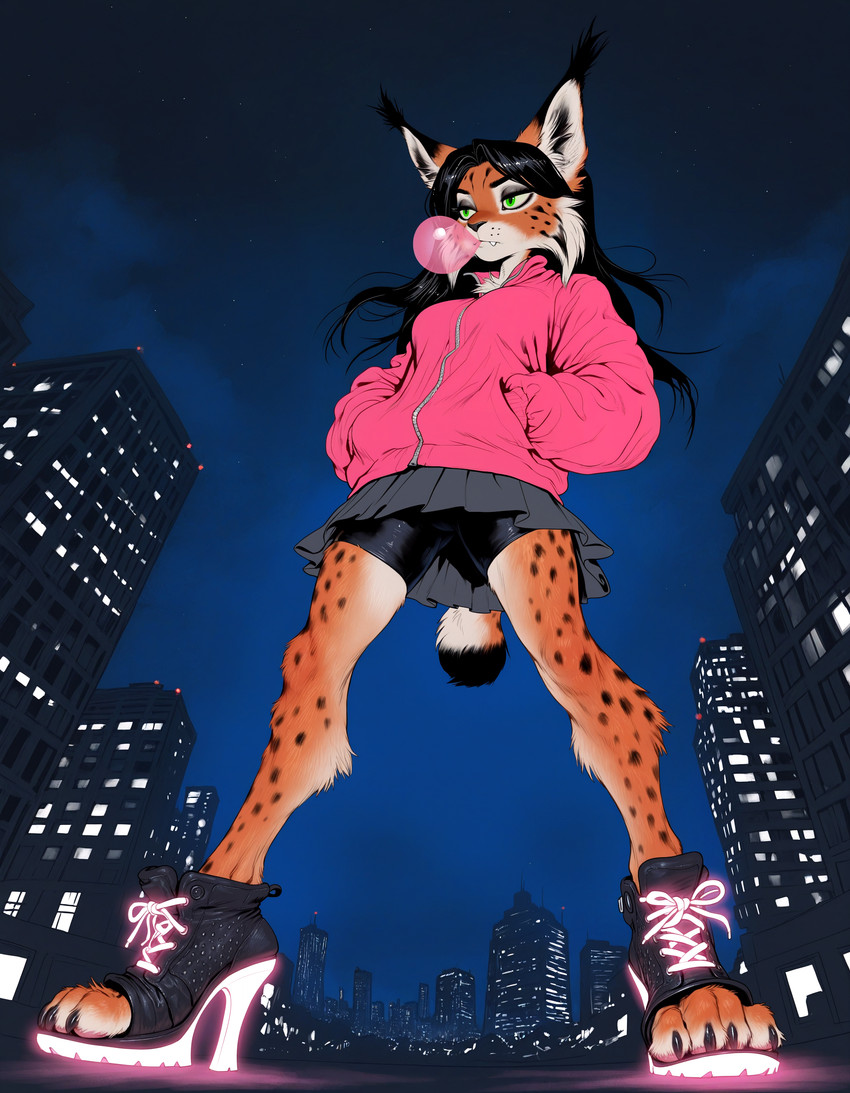 anthro bottomwear bubble_gum city city_background clothing female footwear fur glowing green_eyes hair high_heels hoodie inner_ear_fluff long_hair pleated_skirt prick_ears skirt sky solo spots spotted_body spotted_fur standing star topwear tuft anonymous_director invoke_high felid feline lynx mammal hi_res