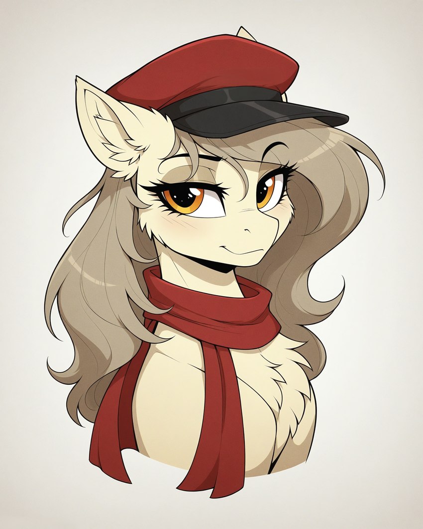 blush brown_eyes chest_tuft clothing ear_tuft eyebrow_through_hair eyebrows eyelashes female feral fur grey_hair hair hat headgear headwear inner_ear_fluff long_hair looking_at_viewer scarf simple_background smile solo tan_body tan_fur translucent translucent_hair tuft white_background aphid butterwolf earth_pony equid equine horse mammal pony absurd_res bust_portrait hi_res portrait