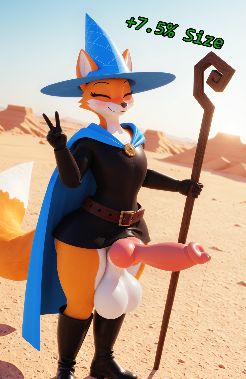 animal_genitalia belt big_butt big_penis black_boots black_clothing black_footwear black_gloves black_handwear black_robe blush bodily_fluids boots butt canine_genitalia cape clothing eyes_closed femboy footwear fur genital_fluids genitals gesture gloves handwear hat headgear headwear huge_penis hyper hyper_genitalia hyper_penis knot male orange_body orange_fur outside penis precum robe solo staff text v_sign white_body wizard_hat xanazebra megabonk fox_(megabonk) canid canine fox mammal 3d_(artwork) absurd_res digital_media_(artwork) hi_res