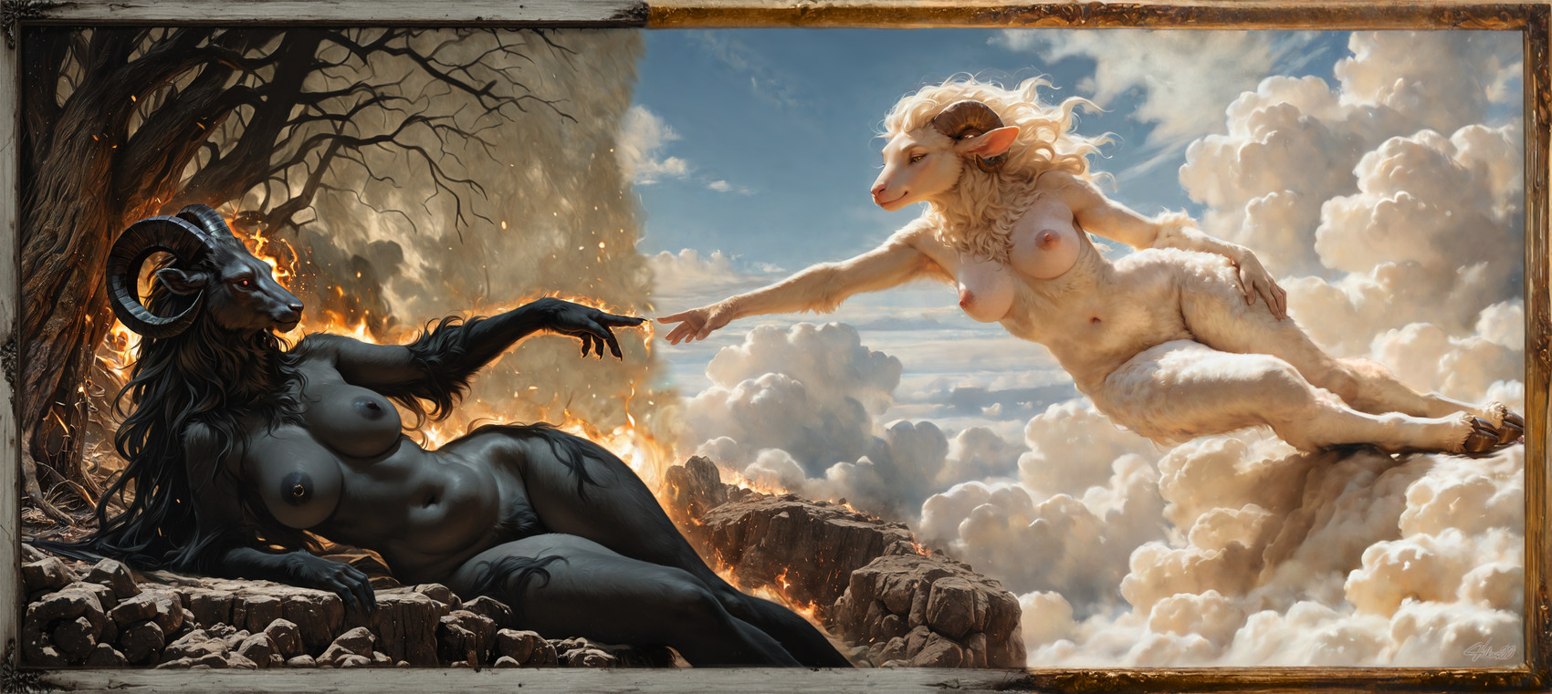 anthro areola breasts cloud dark_areola dark_body dark_fur dark_nipples duo exposed_breasts fantasy female female/female fire fur gold_(metal) gold_jewelry horn jewelry light_body light_fur nipple_piercing nipple_ring nipples piercing pink_nipples religion ring_piercing vilkas00 bovid caprine goat mammal absurd_res hi_res