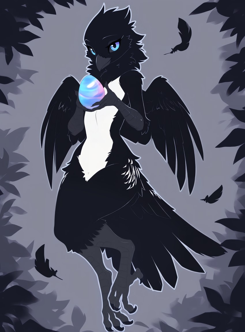 4_toes anisodactyl anthro beak belly black_body black_feathers black_sclera claws egg feathered_wings feathers featureless_chest feet female flat_chested fluffy holding_egg holding_object iridescent iridescent_eyes looking_at_viewer neck_tuft scuted_arms scuted_legs scutes simple_background smile solo tail_feathers toes tuft white_belly wings oldhroft avian absurd_res hi_res shaded simple_shading