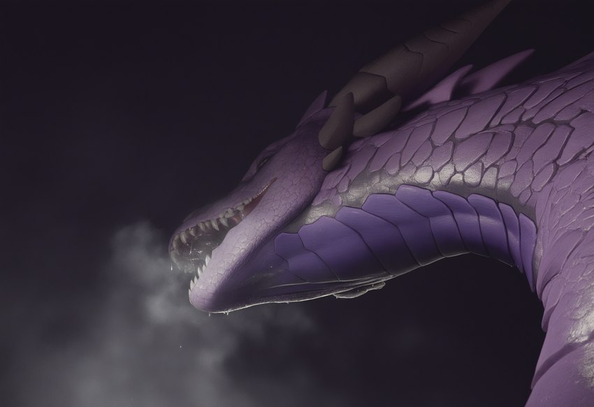 ambiguous_gender bodily_fluids breath breath_cloud fangs feral half-closed_eyes horn narrowed_eyes noobai_(model) open_mouth purple_body purple_scales saliva scales simple_background solo teeth flergox_(director) dragon mythological_creature mythological_scalie reptile scalie western_dragon 2025 hi_res