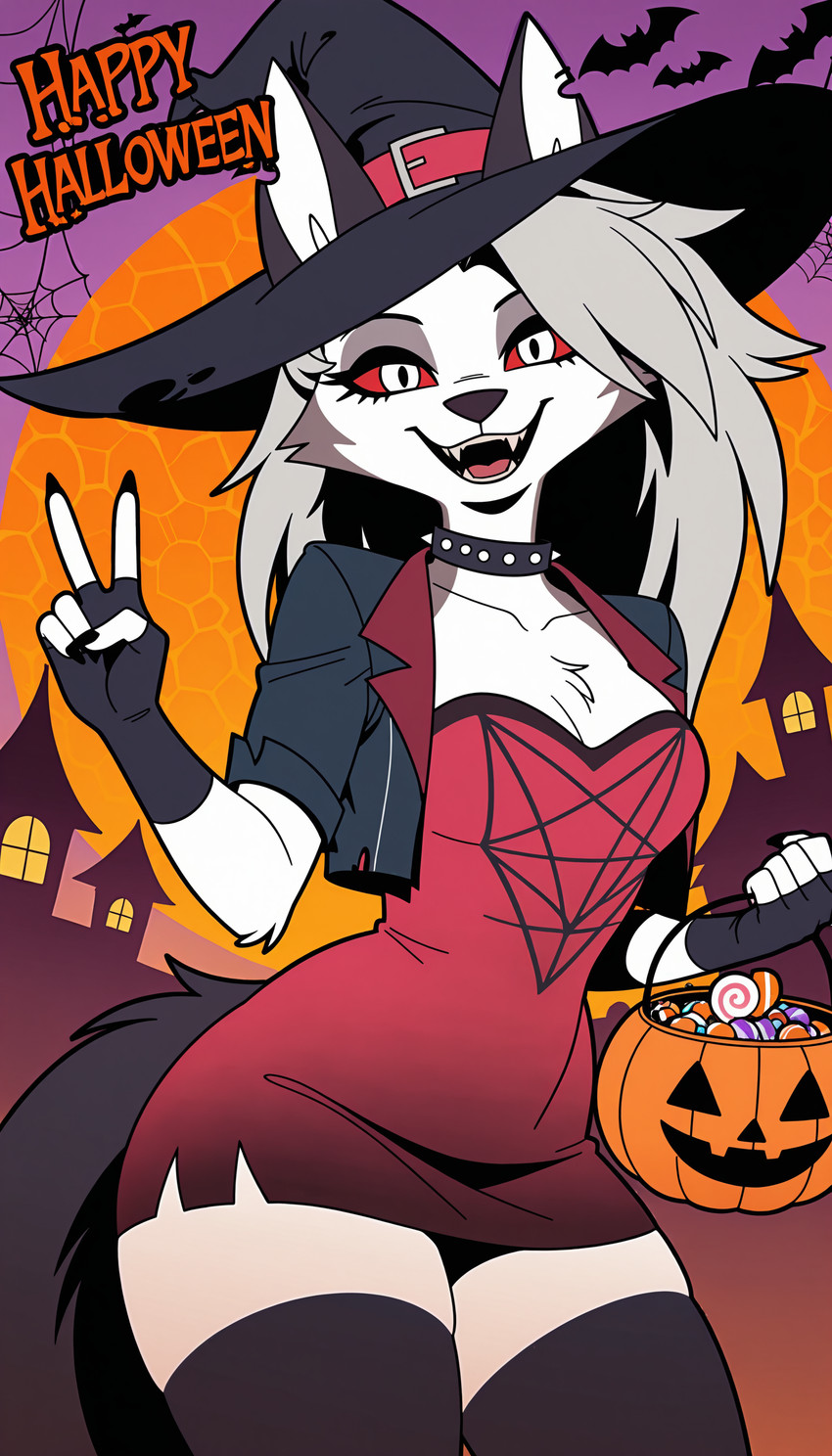 anthro building candy clothed clothing collar countershading dessert fangs female food front_view fur gesture grey_hair hair halloween halloween_costume hat headgear headwear jack-o'-lantern jacket open_mouth open_smile red_sclera smile smiling_at_viewer solo spider_web spiked_collar spikes teeth text topwear trick-or-treating v_sign white_body white_fur witch_hat z4k1 helluva_boss loona_(helluva_boss) ambient_bat canid canid_demon demon hellhound mammal absurd_res hi_res portrait three-quarter_portrait yiffymix_(model)