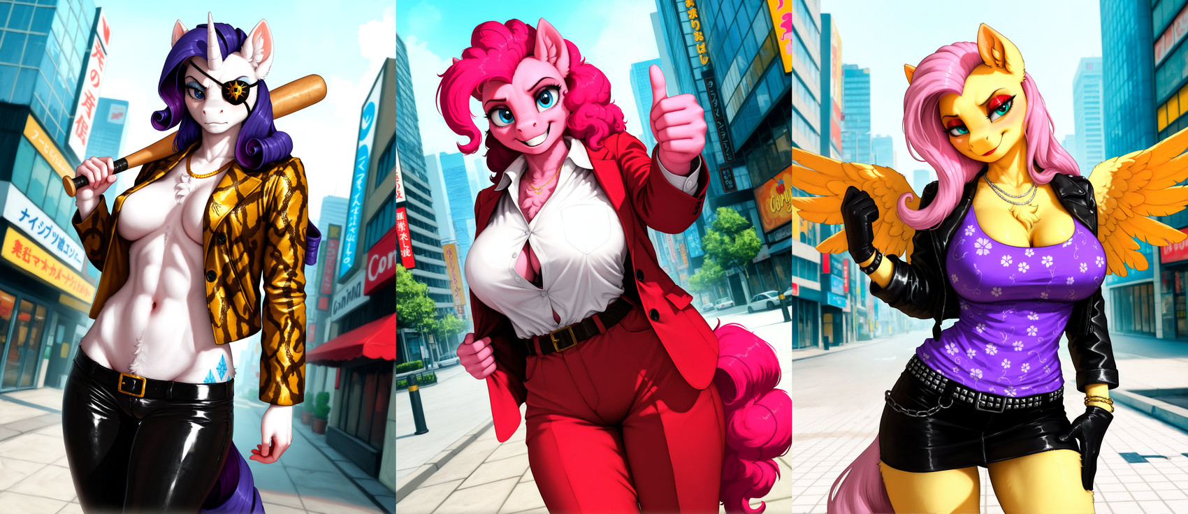fluttershy, goro majima, ichiban kasuga, pinkie pie, and rarity (friendship is magic and etc) directed by unknown director