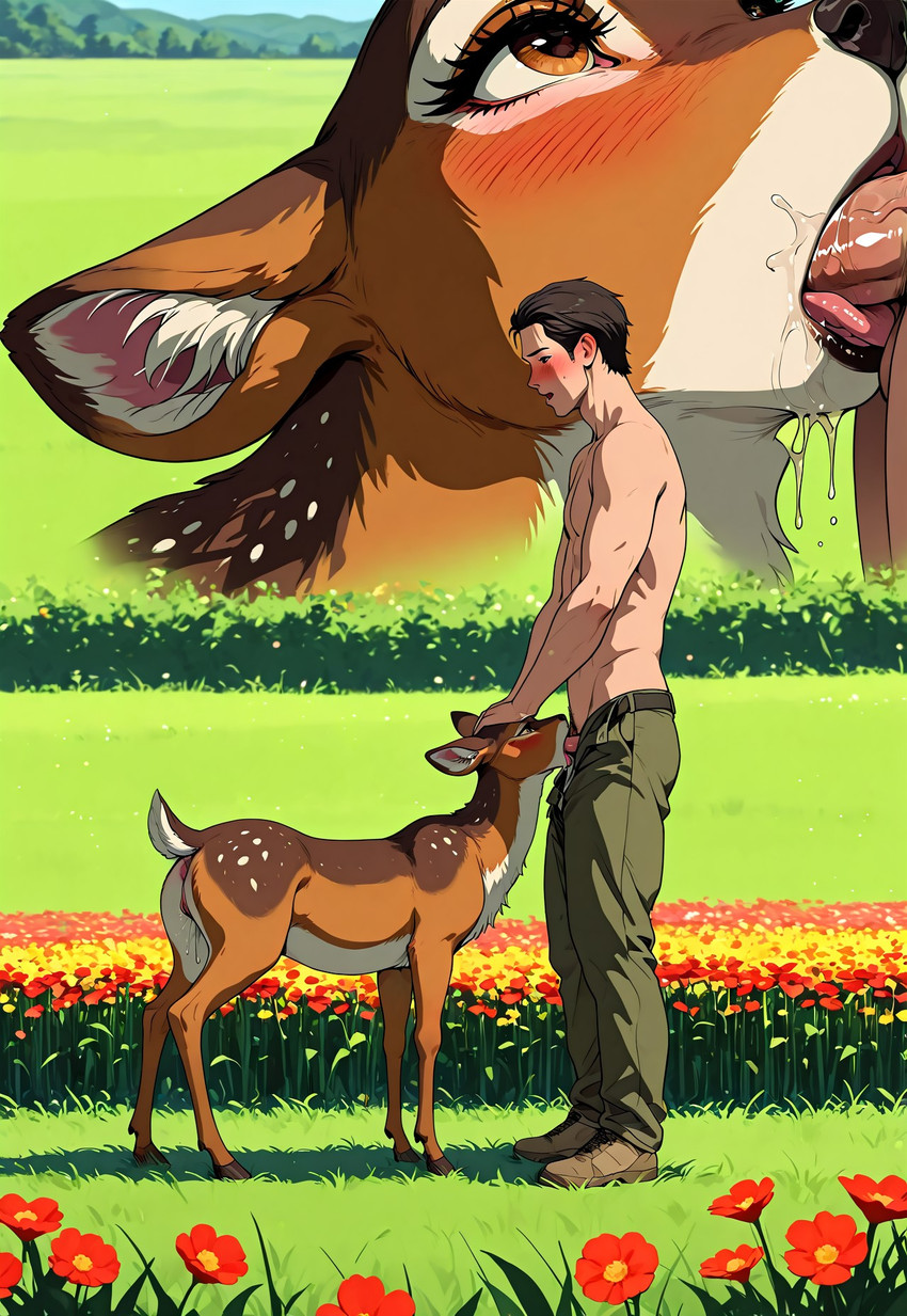 animal_genitalia animal_pussy anus bestiality bodily_fluids brown_body brown_fur clothing dripping duo fellatio female feral feral_penetrated fur genital_fluids genitals human_on_feral human_penetrating human_penetrating_feral interspecies male male/female male_on_feral oral penetration penile penis plant pussy sex short_tail tongue diddlier cervid cervine human mammal hi_res