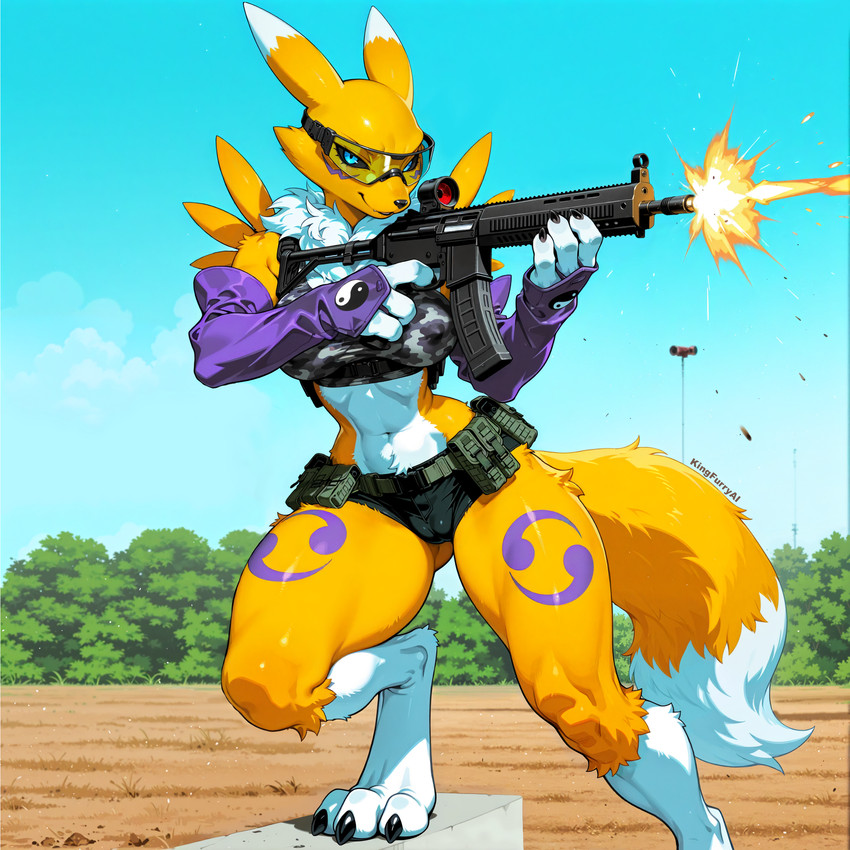 anthro armwear belt belt_buckle big_breasts black_bottomwear black_claws black_clothing black_nails black_sclera black_shorts blue_eyes bottomwear breasts camel_toe camo camo_clothing camo_print camo_topwear claw_nails clawed_hands claws clothing colored_nails digitigrade elbow_gloves erect_nipples eyewear female fingerless_gloves front_view fur fur_markings glasses gloves gun handwear hotpants long_tail markings multicolored_body muzzle_flash nails navel neck_tuft nipples one_leg_up pattern_clothing pattern_topwear paws pubic_fuzz purple_clothing purple_gloves purple_handwear raised_leg ranged_weapon shirt shorts shoulder_tuft small_waist solo step_pose tail tail_tuft tank_top toe_claws topwear tuft two_tone_body utility_belt visible_nipples weapon white_body white_fur wide_hips yellow_body yellow_fur yin_yang kingfurryai bandai_namco digimon canid canine digimon_(species) fox mammal renamon absurd_res hi_res