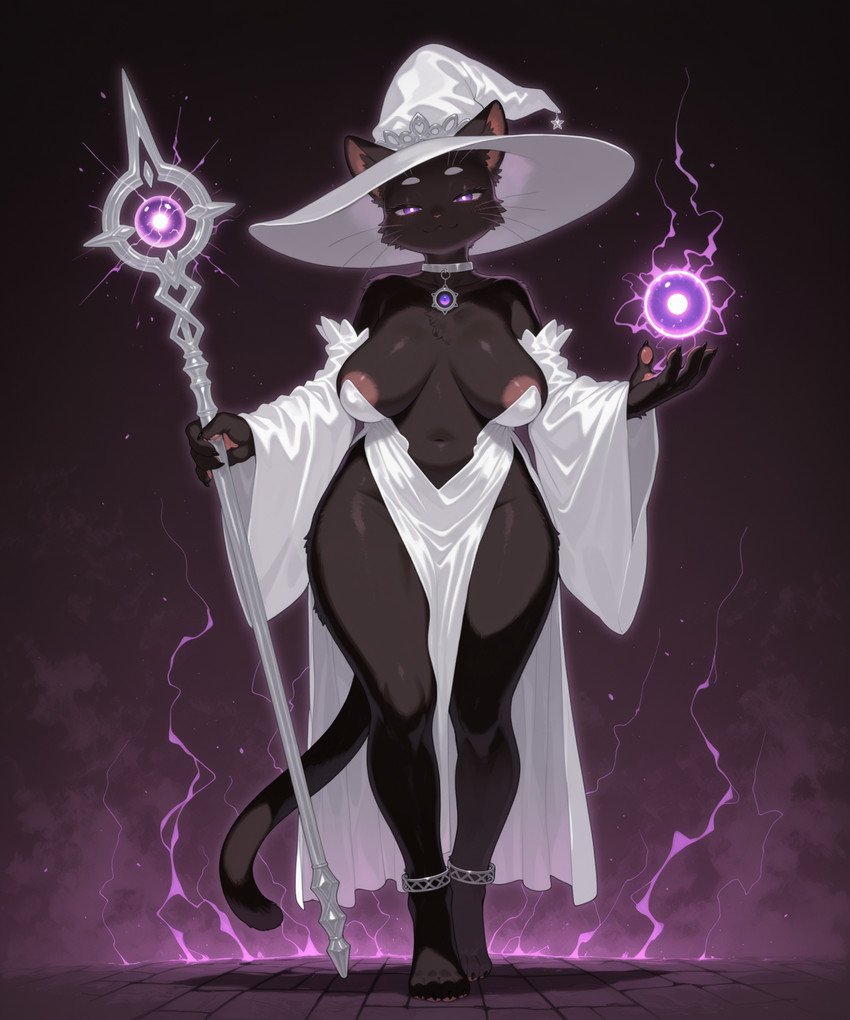 5_fingers 5_toes anklet anthro areola areola_slip barefoot big_breasts biped black_body black_breasts black_fur black_tail breasts cheek_tuft choker claws cleavage clothed clothed_anthro clothed_female clothing collar curvy_figure dress eyebrows eyelashes facial_tuft feet female female_anthro finger_claws fingers fog front_view fur glistening glowing hat headgear headwear holding_object holding_staff humanoid_feet inner_ear_fluff jewelry looking_at_viewer magic magic_user monotone_body monotone_breasts monotone_fur monotone_tail nails narrowed_eyes navel necklace nipples orb partially_clothed pawpads paws pink_areola pink_nipples pink_pawpads plantigrade purple_eyes robe sagging_breasts simple_background skimpy smile solo staff standing tail thick_thighs toe_claws toes tuft walking whiskers white_clothing white_dress white_eyebrows white_hat white_headwear wide_hipped_female wide_hips witch witch_hat burioth domestic_cat felid feline felis mammal absurd_res digital_media_(artwork) full-length_portrait hi_res portrait