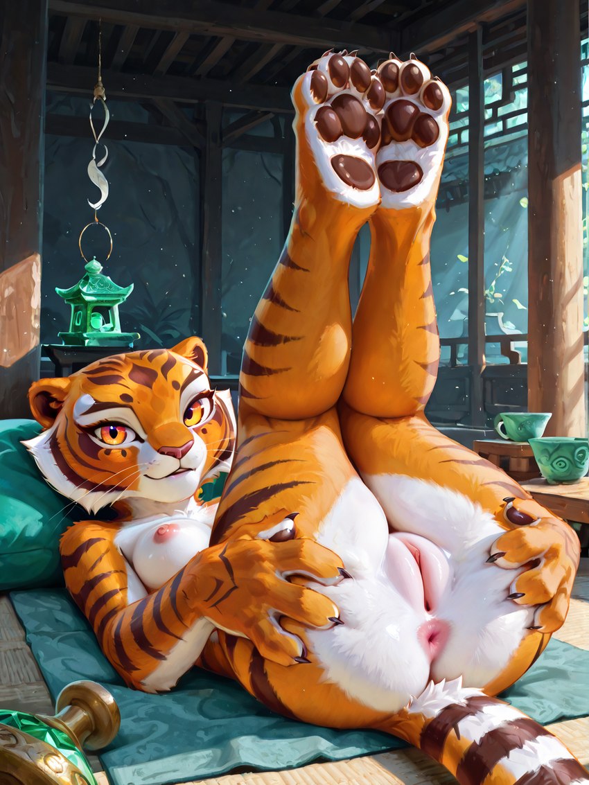 anthro anus breasts butt butt_grab completely_nude female fur furniture genitals hair hand_on_butt inside legs_together legs_up lying nipples nude on_back peach_pussy pussy rear_view red_eyes solo table temple majorrenegade dreamworks kung_fu_panda master_tigress felid mammal pantherine tiger detailed hi_res