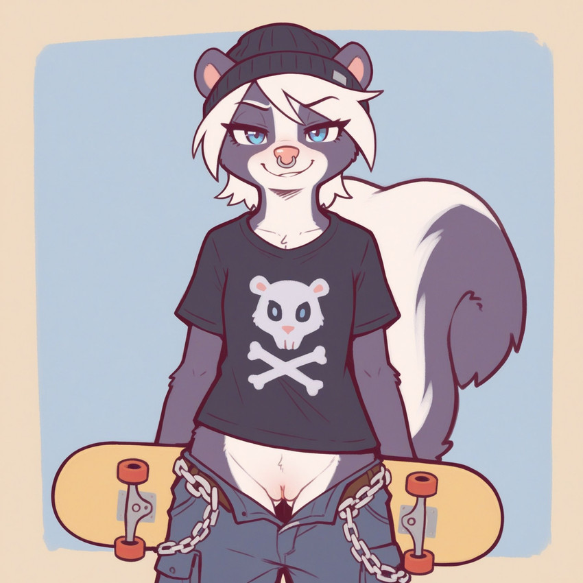 anthro beanie blue_eyes chain clothing denim denim_clothing facial_piercing female fluffy fluffy_tail fur genitals grey_body grey_fur hair hat headgear headwear looking_at_viewer nose_piercing nose_ring piercing pink_nose pussy ring_piercing round_ears simple_background skateboard solo tail white_body white_fur white_hair verbotenvertex mammal mephitid skunk hi_res