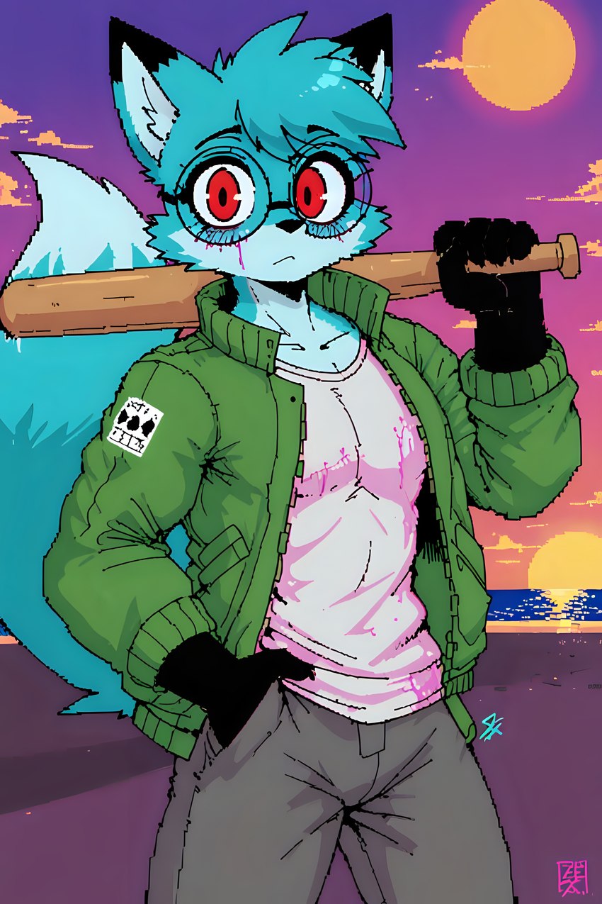 anthro badge baseball_bat bat_(object) bottomwear clothing eyewear frosting.ai glasses hair jacket male muscular muscular_male pants sea shirt short_hair sunset topwear water weapon renz rennii_(renz) canid canine fox mammal absurd_res digital_media_(artwork) hi_res pixel_(artwork)