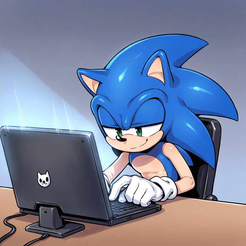 anthro clothing computer gloves handwear male narrowed_eyes simple_background sitting smile solo anonymous_director sonic_the_hedgehog_(series) sonic_the_hedgehog hi_res