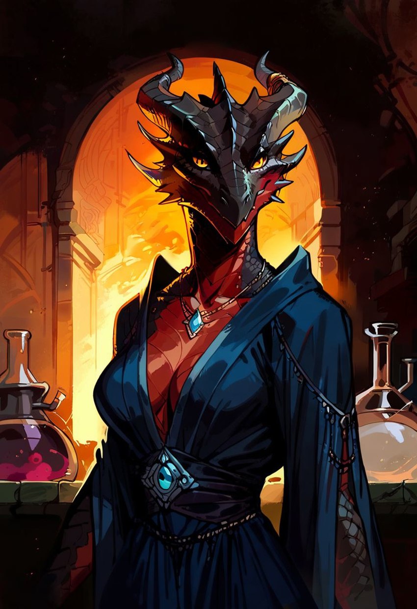 anthro arch black_body black_scales breasts cleavage clothed clothing female horn horn_jewelry jewelry medium_breasts pendant red_body red_scales robe scales solo solo_focus spikes yellow_sclera rune_parrot dragon scalie hi_res