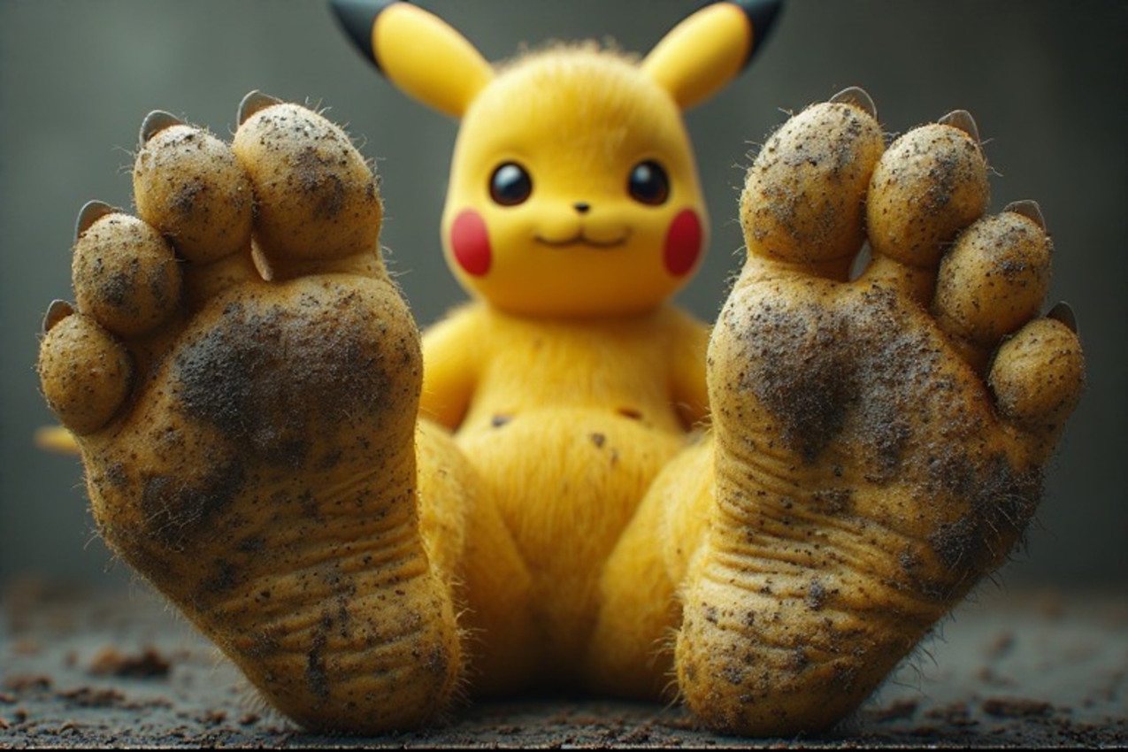 4_toes ambiguous_gender anthro big_feet dirty dirty_feet dirty_fur feet foot_fetish foot_focus hairy_feet looking_at_viewer sitting_on_ground smile solo toes stothemfh nintendo pokemon generation_1_pokemon pikachu pokemon_(species) hi_res