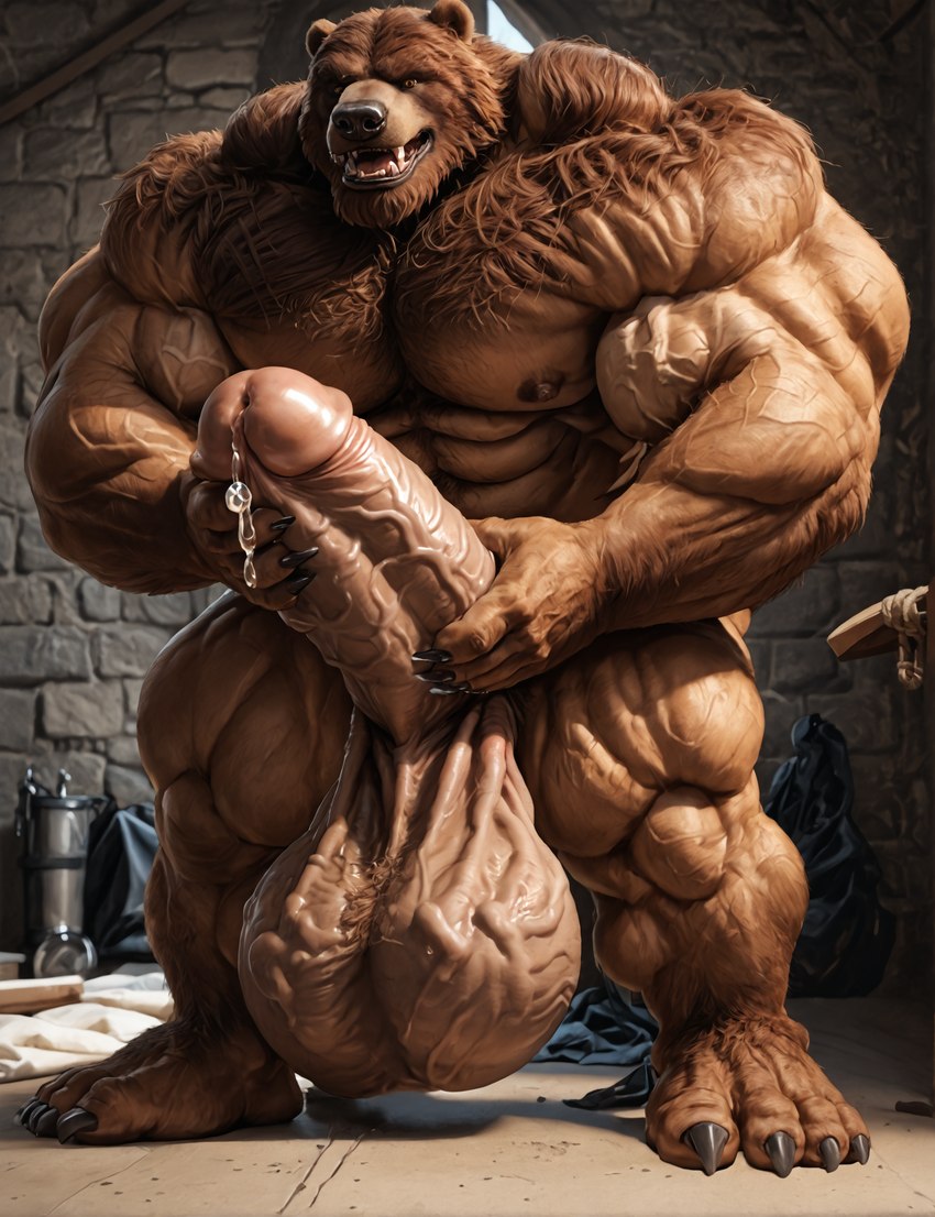 4_toes abs anthro balls biceps big_balls big_muscles big_penis bodily_fluids brown_body brown_eyes brown_fur feet fur genital_fluids genitals holding_penis huge_balls huge_muscles huge_penis hyper hyper_balls hyper_genitalia hyper_penis male masturbation muscular nude pecs penis plantigrade precum realistic solo thick_penis toes vein veiny_balls vanzilen mammal ursid hi_res