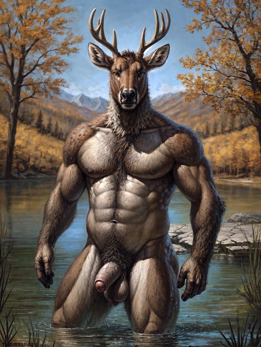 2023 abs anthro antlers autumn ball_tuft balls biceps black_nose body_hair brown_body brown_eyes brown_fur chest_tuft foreskin fur genitals glistening half-erect happy_trail horn humanoid_genitalia humanoid_penis light male mountain_range mountains muscular muscular_anthro muscular_male muscular_thighs navel neck_tuft nude outside partially_submerged pecs penis plant pond pubes reflection sky solo stable_diffusion sunlight tree tuft vein veiny_biceps veiny_muscles veiny_penis water water_reflection monkeyelf_(director) cervid mammal hi_res