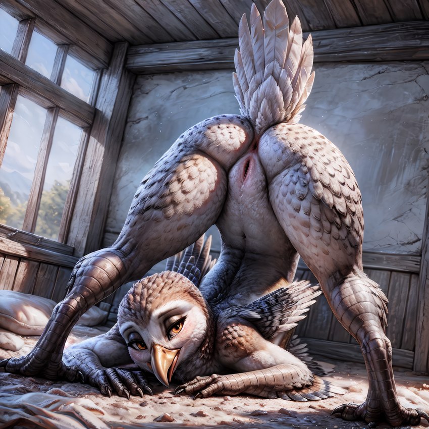 anthro anus ass_up beak biped bird_feet bird_legs feathers female genitals half-closed_eyes head_between_legs looking_at_viewer narrowed_eyes pussy raised_tail scuted_arms scuted_legs scutes solo spread_legs spreading tail_feathers talons yellow_eyes birdlover avian barn_owl bird masked_owl owl tytonid absurd_res hi_res