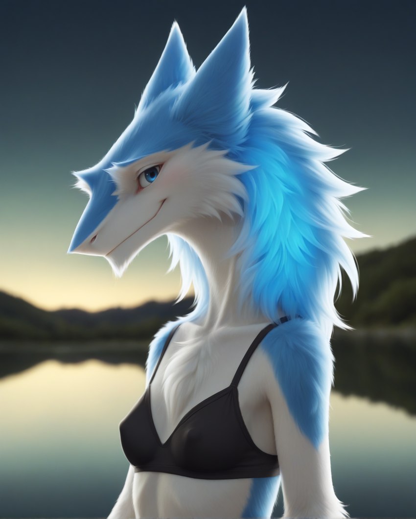 anthro blue_body blue_eyes blue_fur bra breasts clothing female fluffy_body fur glowing glowing_hair hair hillside lake nipple_outline skinny small_breasts solo sports_bra sunset underwear white_body auykac hi_res