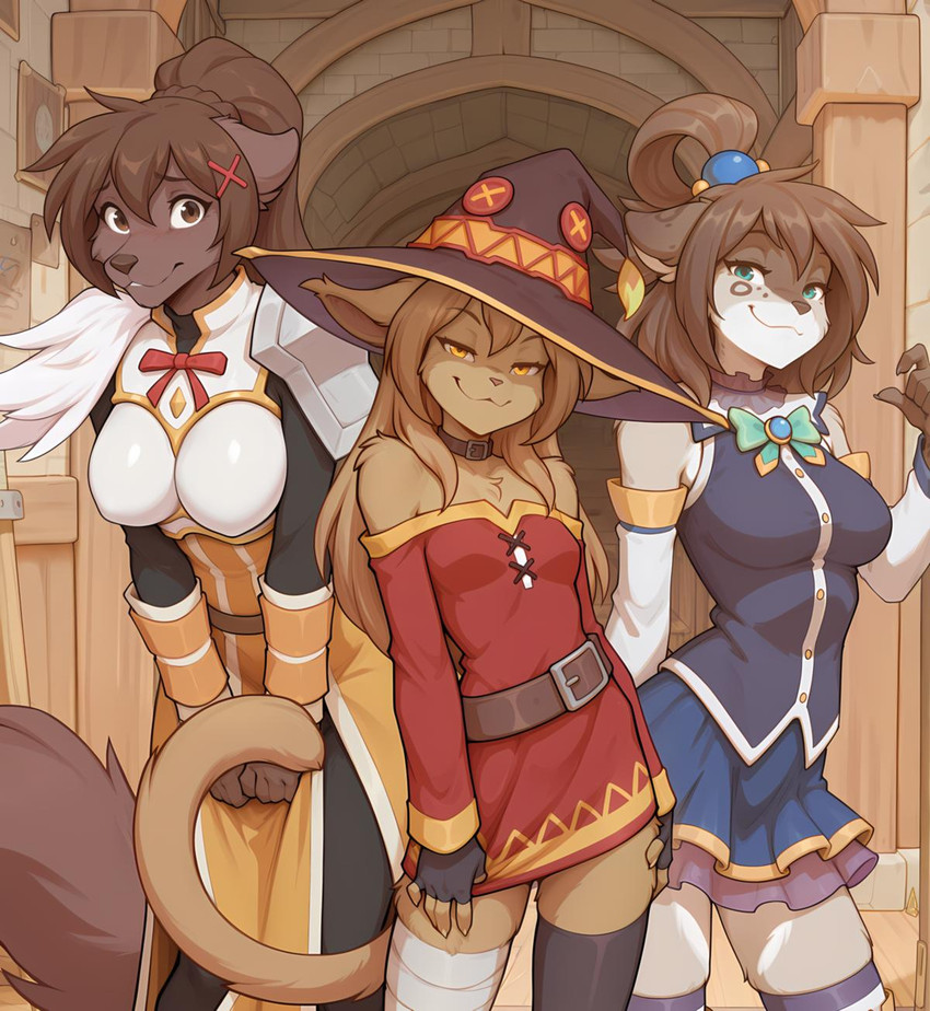 accessory anthro arm_warmers armor armwear bandaged_leg bandages bare_shoulders belt big_breasts blue_eyes blush boob_armor bottomwear breastplate breasts brown_body brown_eyes brown_fur brown_hair clothed clothing collar cosplay dress female fingerless_gloves fur gloves grey_body grey_fur group hair hair_accessory half-closed_eyes handwear hat headgear headwear inside leaning leaning_forward legwear looking_at_viewer narrowed_eyes nervous orange_eyes ponytail pose prompt short_dress shoulder_armor skirt small_breasts smile smirk smug standing stone_wall tan_body tan_fur tan_hair thigh_highs trio wall_(structure) white_body white_fur witch_hat anontk twokinds kathrin_vaughan madelyn_adelaide natani canid canine canis felid feline mammal pantherine snow_leopard wolf 2025 hi_res