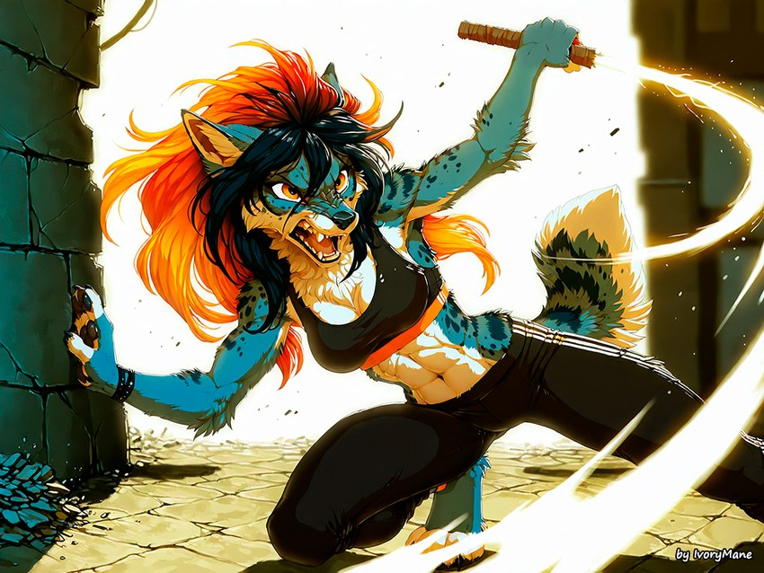 abs anthro clothing female fight fur hair long_hair multicolored_hair solo teeth ivorymane canid canine fox mammal watermark