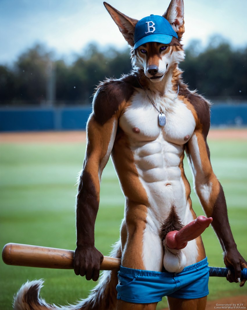 abs animal_genitalia animal_penis anthro athletic athletic_male balls baseball_bat baseball_cap bat_(object) blue_clothing blurred_background bottomwear canine_genitalia canine_penis clothed clothing detailed_background fur genitals grass hat headgear headwear knot long_ears looking_at_viewer male multicolored_body multicolored_fur navel nipples nude outside partially_clothed pecs penis pink_nipples plant pubes purple_eyes shorts shorts_down slight_smile solo sports_field sportswear standing k3y canid canine canis jackal mammal hi_res watermark