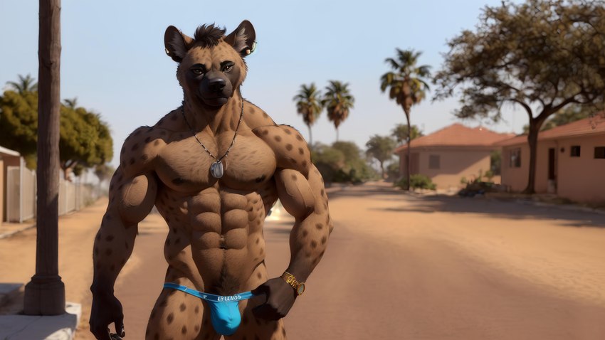 anthro bulge clock clothing detailed_background ear_piercing jewelry jockstrap looking_at_viewer male muscular necklace piercing pubes realistic solo standing underwear vein watch bumblebee95 hyaenid mammal absurd_res hi_res