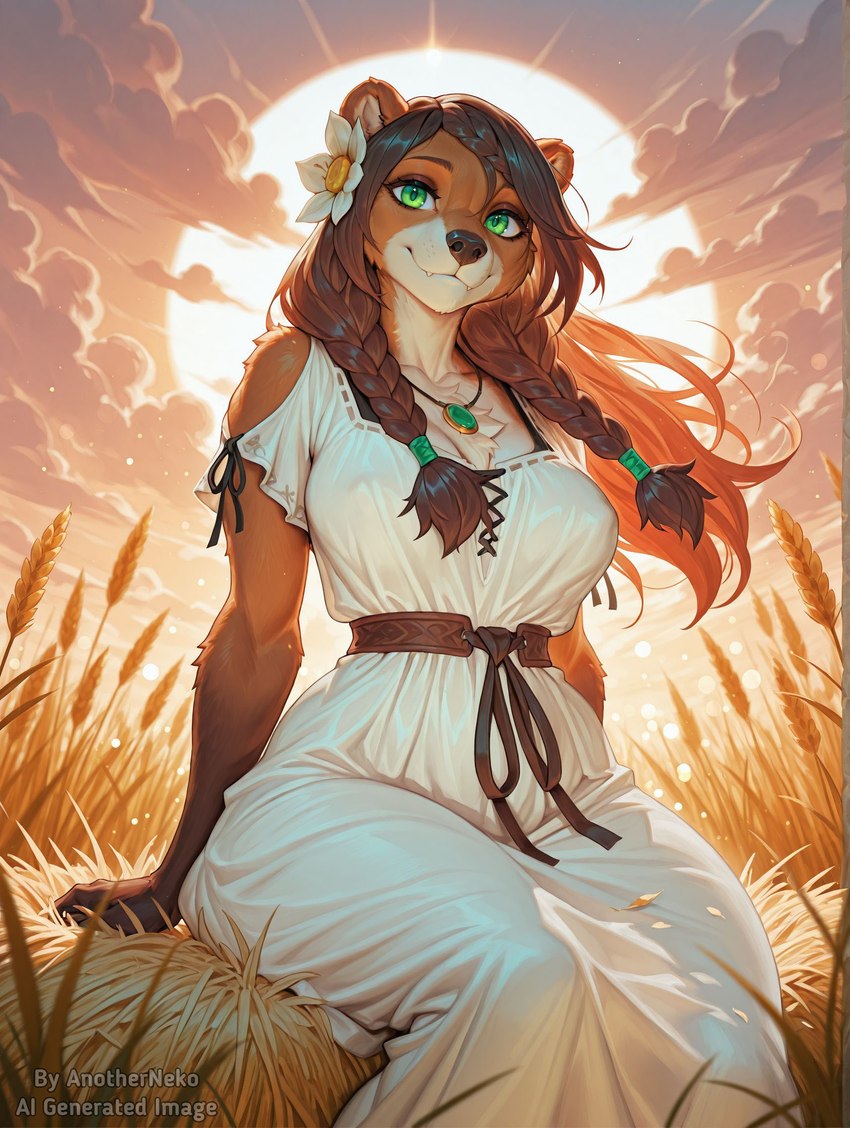 accessory anthro braided_hair breasts brown_body brown_fur brown_hair clothing female field flower flower_in_hair fur hair hair_accessory light light_beam looking_at_viewer plant solo sunbeam sunlight wheat wheat_field white_clothing anotherneko mammal ursid hi_res