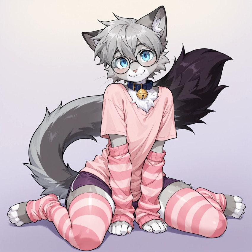 4_toes anthro arm_warmers armwear bell bell_collar blue_eyes blush bottomwear bushy_tail chest_tuft clothed clothing collar dipstick_tail dolphin_shorts eyewear feet femboy front_view fully_clothed fur glasses gradient_background grey_body grey_fur grey_hair hair hands_on_ground jingle_bell kneeling leaning leg_warmers legwear long_tail looking_at_viewer male markings pattern_armwear pattern_clothing pattern_legwear pink_clothing pink_nose pink_shirt pink_topwear round_glasses shirt shorts shy simple_background sitting smile solo striped_armwear striped_clothing striped_legwear stripes tail tail_markings thick_thighs toes topwear tuft dices_(director) nixuelle domestic_cat egyptian_mau felid feline felis mammal full-length_portrait hi_res portrait
