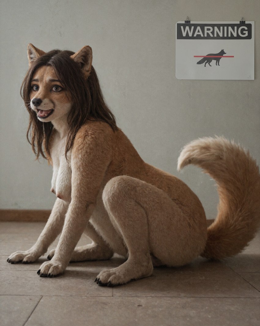 after_transformation anthro female feral fur furry_breasts mid_transformation on_all_fours orange_body orange_fur paws quadruped raised_tail realistic realistic_fur solo transformation spichtf canid canine fox mammal absurd_res hi_res