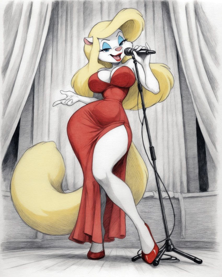 4_fingers 5_fingers anthro bedroom_eyes big_breasts biped blonde_hair blue_eyes blue_eyeshadow breasts cleavage clothed clothed_anthro clothed_female clothing curtains curvy_figure dress electronics eyelashes eyeshadow female female_anthro fingers fluffy fluffy_tail footwear fully_clothed fur hair half-closed_eyes high_heels holding_microphone holding_object hourglass_figure inside lipstick long_hair long_tail looking_at_viewer makeup microphone monotone_body narrowed_eyes open_mouth open_smile pink_nose red_clothing red_dress red_footwear red_lipstick red_shoes seductive shoes singing smile solo stage standing tail teeth thick_thighs white_body white_breasts white_fur wide_hipped_female wide_hips yellow_tail gridanon minerva_mink mammal mink mustelid musteline true_musteline absurd_res full-length_portrait hi_res portrait stable_diffusion traditional_media_(artwork)