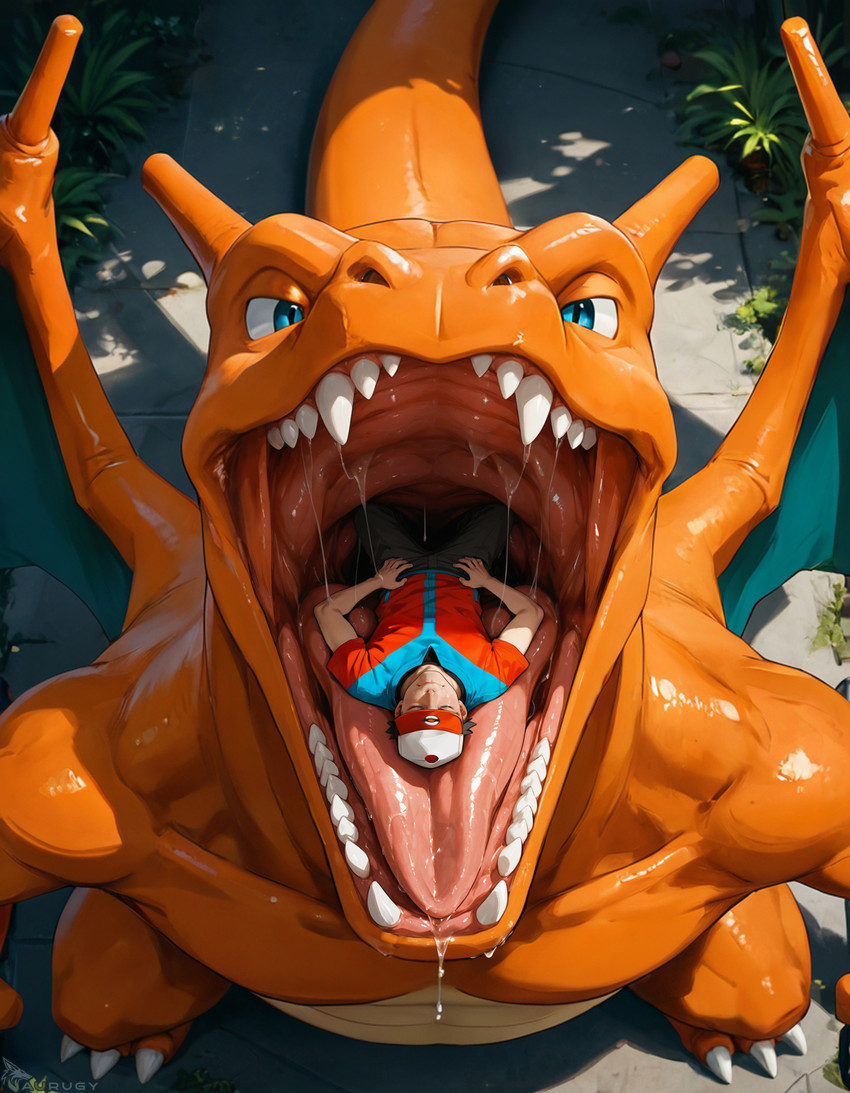 bodily_fluids duo feral high-angle_view imminent_vore looking_at_viewer male male/male mouth_shot mythology open_mouth outside saliva saliva_string size_difference tongue vore aurugy nintendo pokemon charizard dragon generation_1_pokemon human mammal mythological_creature mythological_scalie pokemon_(species) scalie detailed hi_res