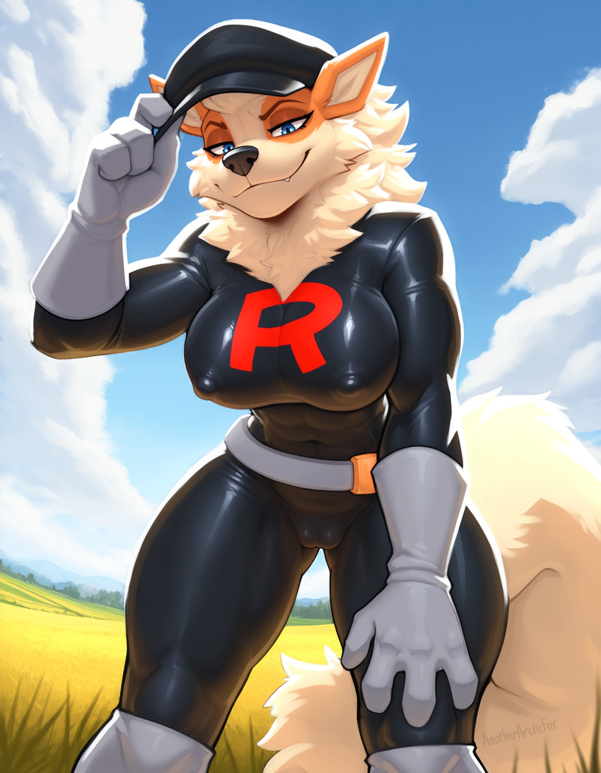 abs anthro belt belt_buckle big_breasts blue_eyes bodysuit boots breasts camel_toe clothing cloud fangs female field fluffy fluffy_tail footwear gloves hand_on_knee hand_on_leg handwear hat headgear headwear leaning leaning_forward muscular muscular_female neck_tuft nipple_outline outside skinsuit sky solo standing_over_viewer team_rocket_uniform teeth thick_thighs tight_clothing tipping_hat tuft anotherarcticfox nintendo pokemon arcanine generation_1_pokemon pokemon_(species) hi_res