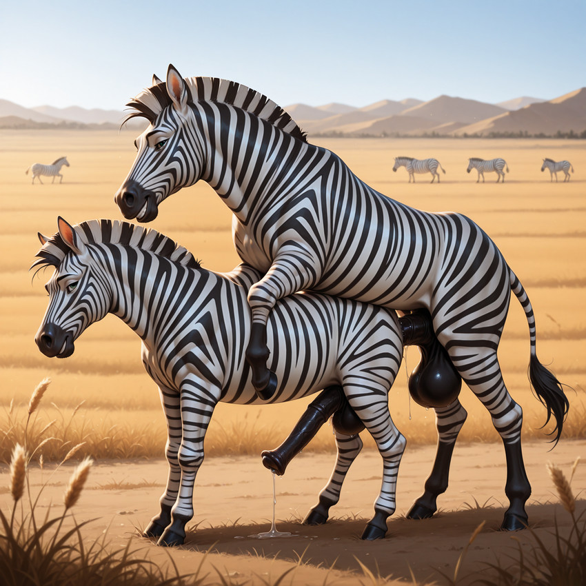 anal anal_penetration animal_genitalia animal_penis balls big_balls big_penis black_penis black_stripes bodily_fluids duo equine_penis feral feral_on_feral feral_penetrated feral_penetrating feral_penetrating_feral field from_behind_position fur genital_fluids genitals green_eyes hooved_feet hooves huge_balls leaking_precum male male/male mounting multicolored_body outside penetration penis precum sex smile striped_body stripes teeth teeth_showing wheat_field white_body white_fur gertgrg equid equine mammal zebra hi_res