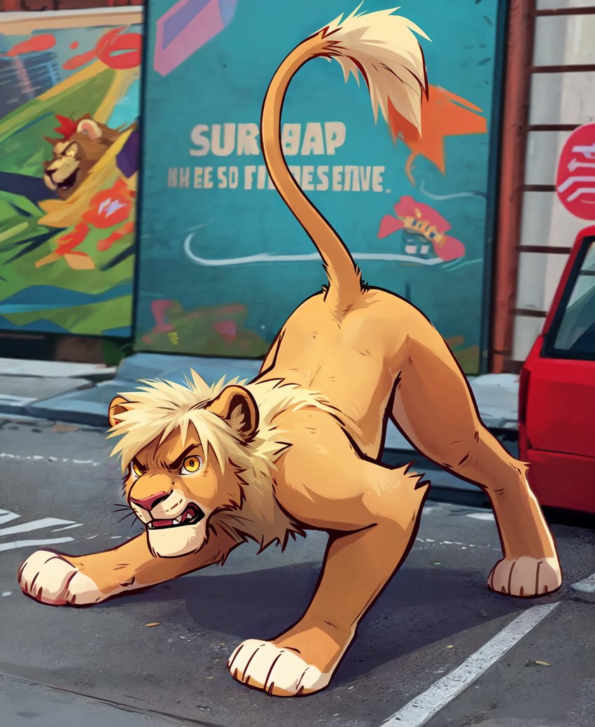 3_legs angry ass_up blonde_mane feral looking_at_viewer male mane snarling solo street yellow_eyes hamgas_(director) felid lion mammal pantherine hi_res