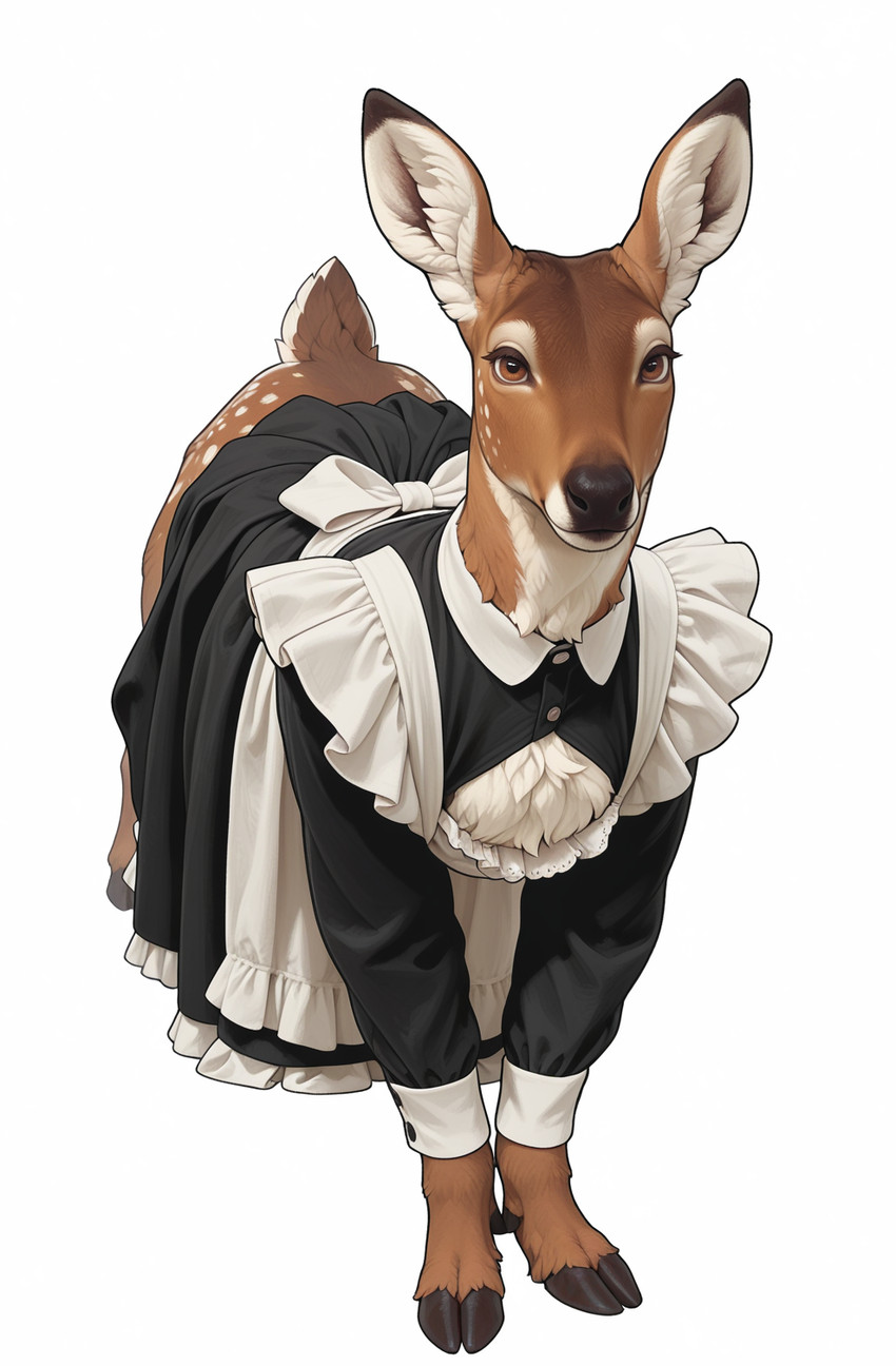 ambiguous_gender brown_body brown_fur clothing cloven_hooves ear_tuft feral fur hooves looking_at_viewer maid_uniform monotone_background multicolored_body multicolored_fur simple_background smile solo tuft uniform white_background white_body white_fur hummuna jello_(jelloponies) cervid mammal hi_res