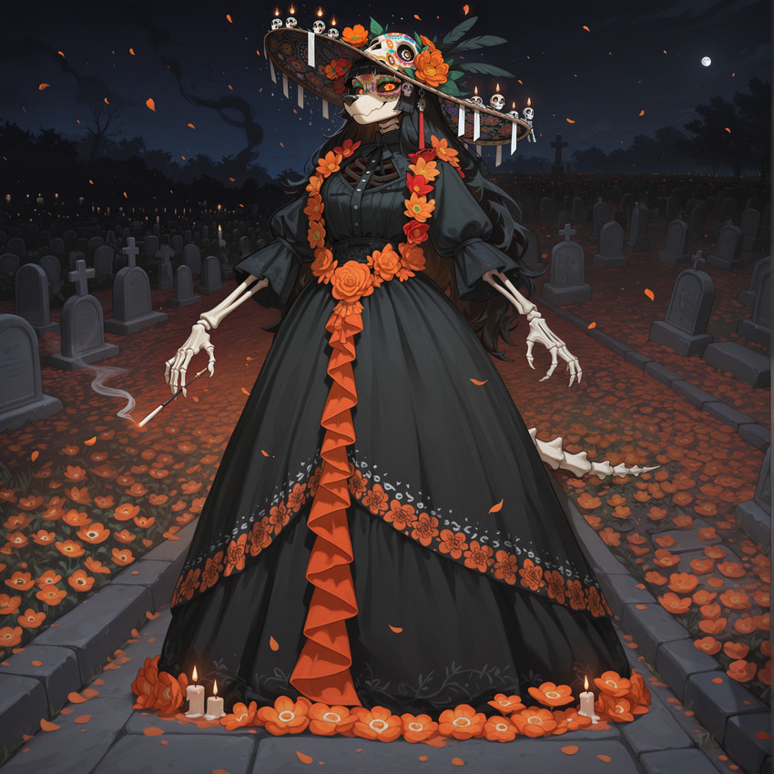 anthro black_clothing black_dress black_hair bone breasts candle cemetery cigarette clothed clothing day_of_the_dead dia_de_los_muertos dress female flower glowing glowing_eyes goth hair hat headgear headwear holidays mexican_holiday moon night outside petals plant skeleton skull solo tail tombstone k01 catrina animated_skeleton canid canine mammal undead digital_media_(artwork) hi_res