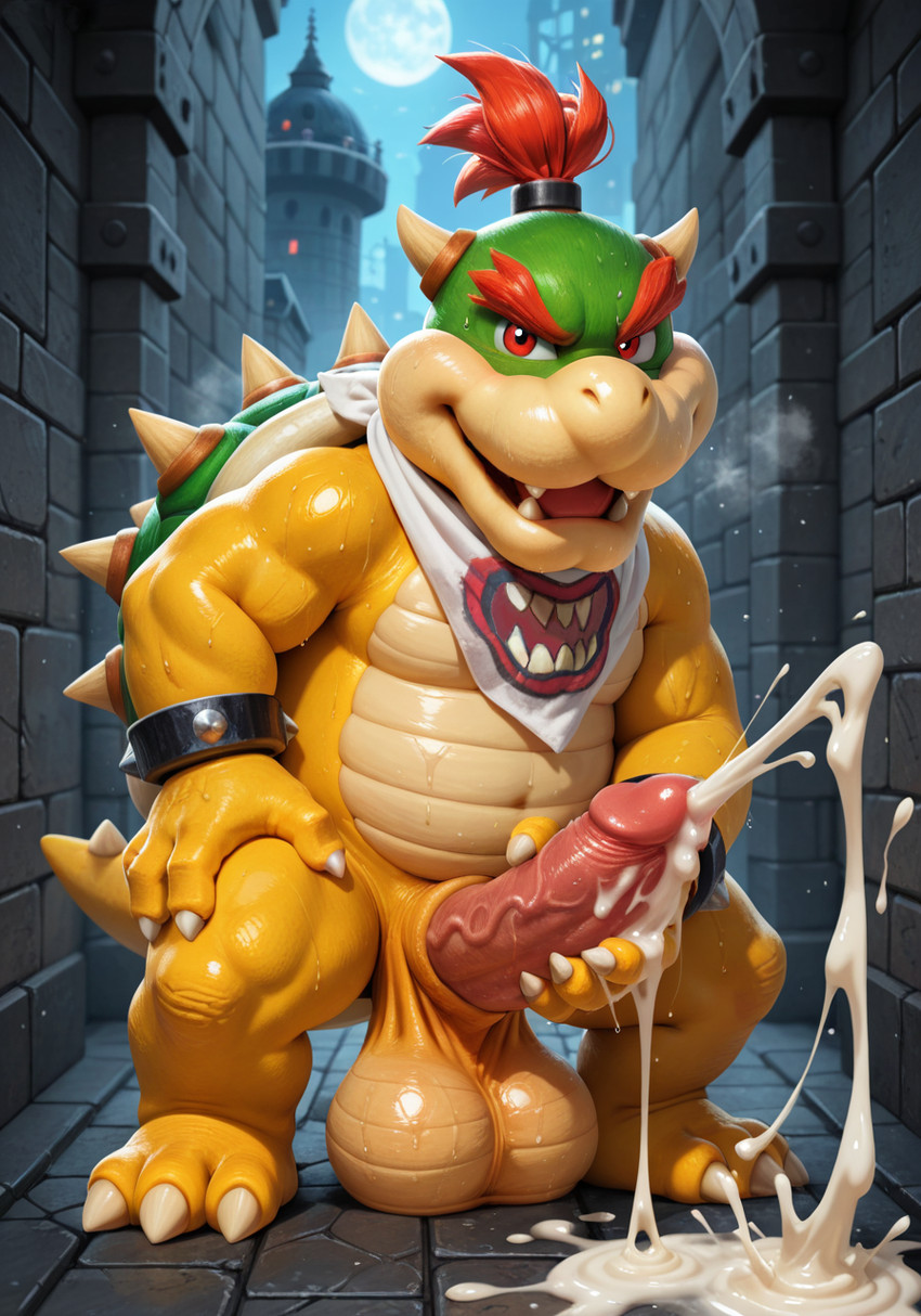 3_toes 4_fingers animal_genitalia anthro balls big_balls big_penis bodily_fluids bracelet claws cum cum_on_body cum_on_ground cum_on_hand cum_on_penis cumshot ejaculation excessive_cum excessive_genital_fluids fangs feet fingers genital_fluids genital_slit genitals green_head green_shell hair huge_balls huge_penis jewelry looking_at_viewer male masturbation moon muscular night open_mouth open_smile outside penis red_eyes red_hair saggy_balls scarf shell slit smile smiling_at_viewer solo spiked_bracelet spiked_shell spikes spikes_(anatomy) standing stone_floor stone_wall sweat sweaty_body tail teeth toe_claws toes vein veiny_penis wall_(structure) yellow_body yiff_ai_(director) mario_(series) mario_bros nintendo bowser_jr. koopa scalie hi_res