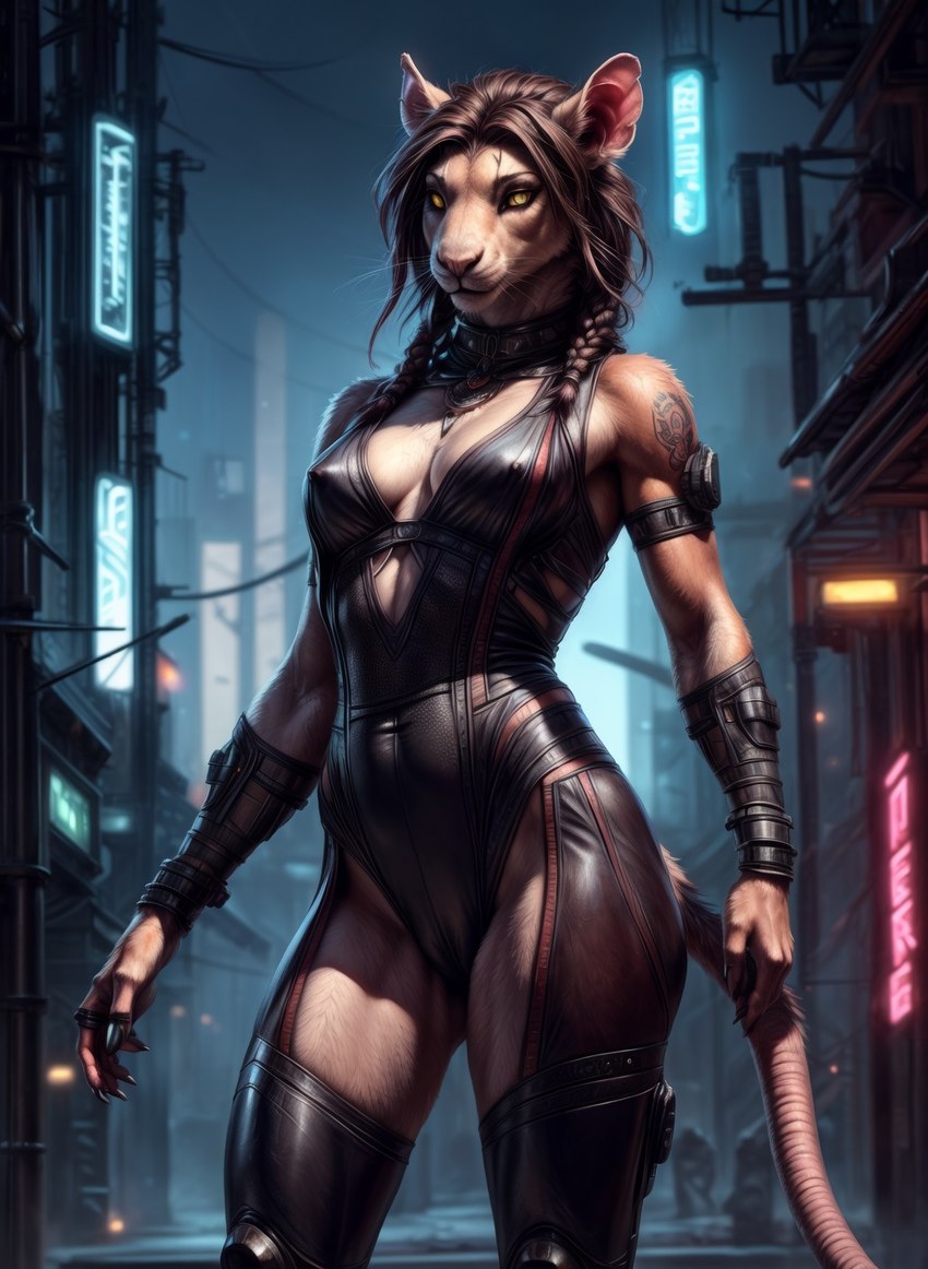 anthro brown_hair cameltoe clothing cyberpunk female hair leather leather_clothing looking_at_viewer solo standing marcus64 mammal murid murine rat rodent hi_res