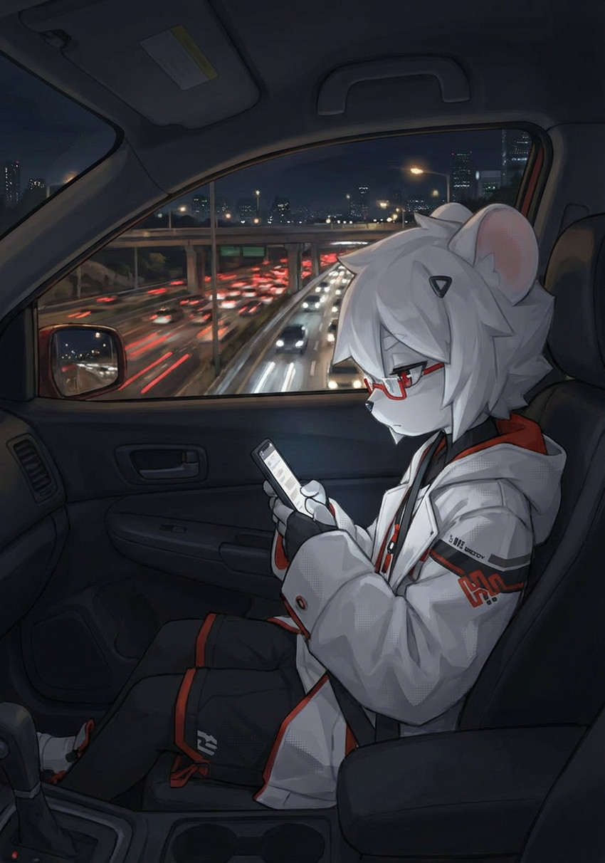 5_fingers anthro black_nose car city city_background clothed clothing eyewear fingers fur glasses hair holding_object holding_phone male night phone red_eyes side_view sitting solo vehicle white_hair anonymous_director cc-by-sa zoey_the_spirit_sable mammal mink mustelid musteline true_musteline hi_res