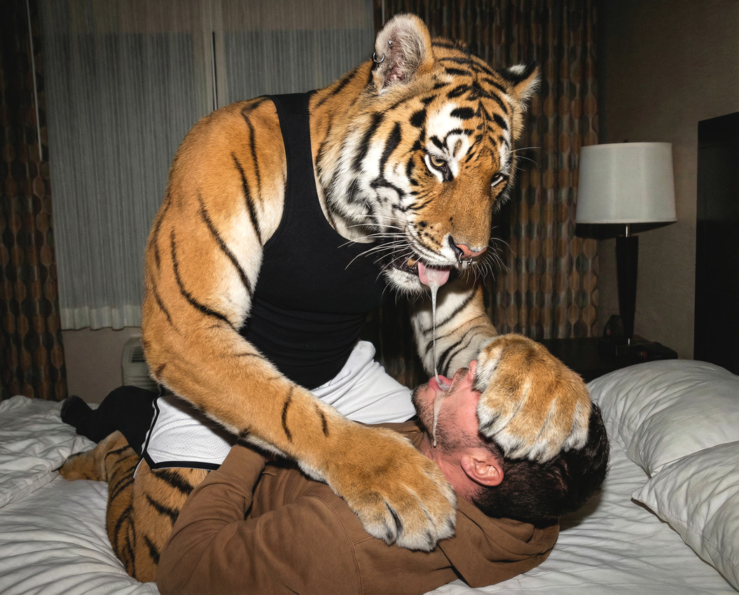 anthro bed bedroom bodily_fluids bottomwear clothed clothing curtains detailed_fur dominant dominant_anthro dripping drooling drooling_on_partner duo ear_piercing facial_piercing fur furniture hand_on_face hoodie hotel_room human_on_anthro inside interspecies kneeling looking_at_another looking_at_partner lying_on_back male male/male muscular muscular_anthro muscular_male nose_piercing obscured_eyes obscured_face on_top open_mouth orange_body orange_fur pants photorealism piercing realistic realistic_fur realistic_lighting saliva saliva_drip saliva_on_face saliva_on_tongue saliva_string shirt shorts size_difference straddling striped_body striped_fur stripes tail tank_top tongue tongue_out topwear delken felid human mammal pantherine tiger detailed hi_res