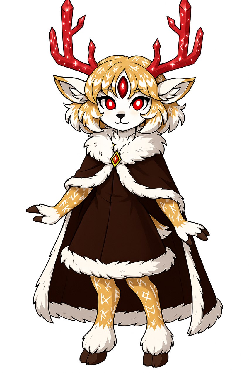 anthro antlers cloak clothing female fingers fluffy furcifer_(veprem) hooved_fingers hooves horn looking_at_viewer magic multi_eye runes short_stack simple_background solo winter_clothing director_veprem capreoline cervid demon mammal reindeer hi_res