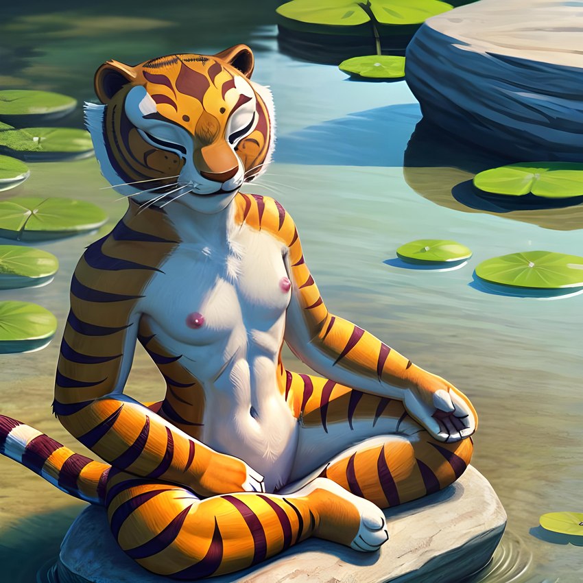 anthro areola breasts exposed_breasts eyes_closed female meditating meditation nipples nude pond small_breasts solo water dfw master_tigress felid mammal pantherine tiger absurd_res hi_res